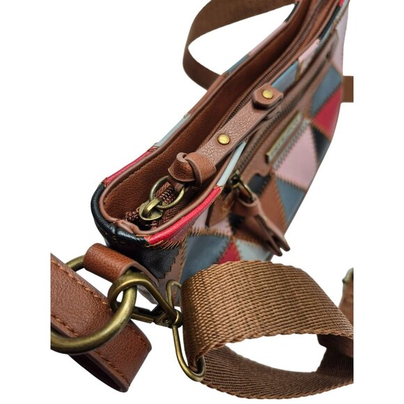 Frye & Co. Geometric Patchwork Leather Crossbody Shoulderbag Purse Brown Brass - Picture 11 of 14